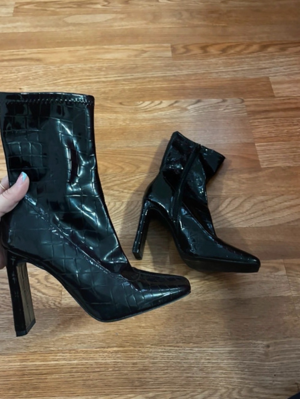 Black Croc-Embossed Patent Ankle Boots - Women